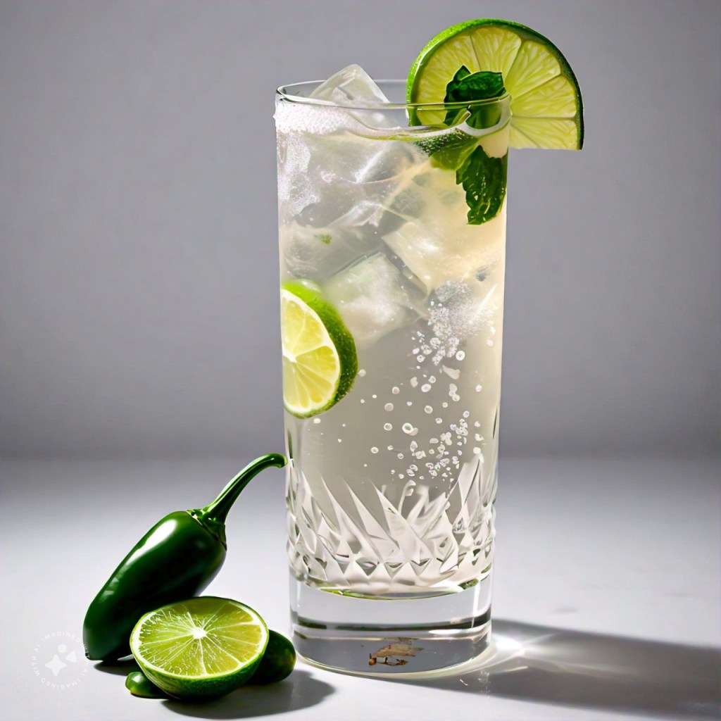 sipping glass with lime, Mezcal, jalapeño, triple sec and bubbles
